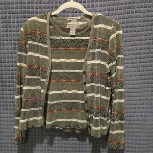VTG Y2K 2pc Twin Set SzSm Olive Green Top Cardigan Lightweight Fairy Boho Chic